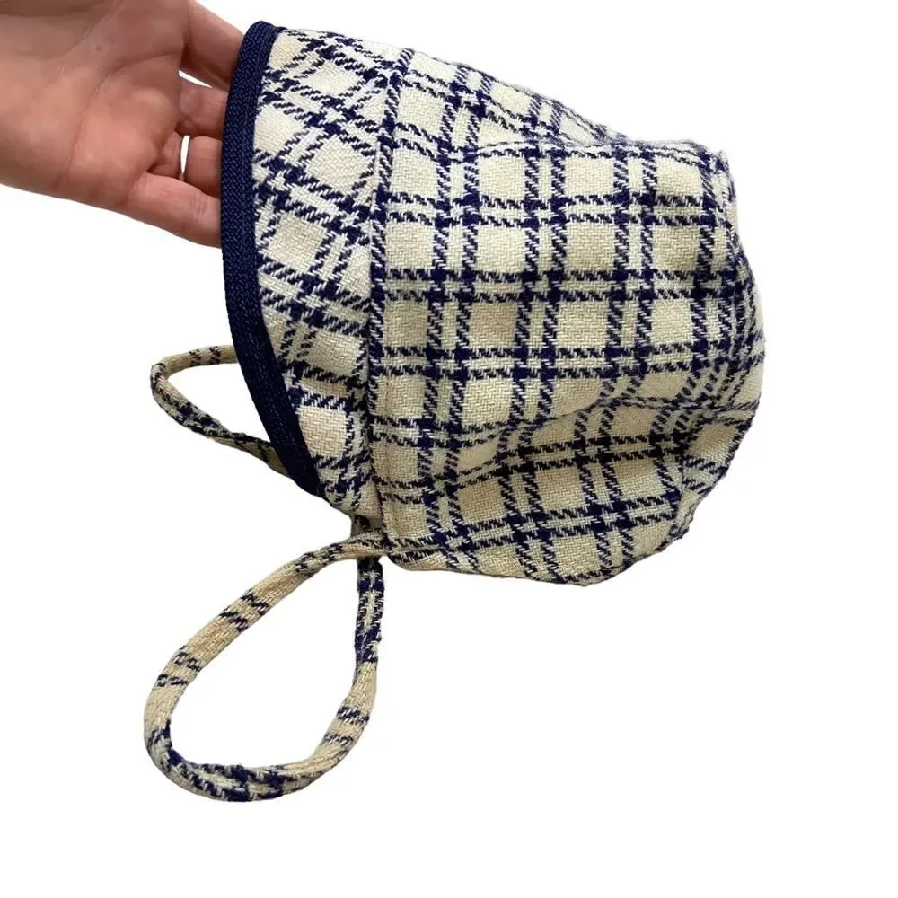 Vintage Wool Ivory and Navy Plaid Lined Hat Toddler‎ Size